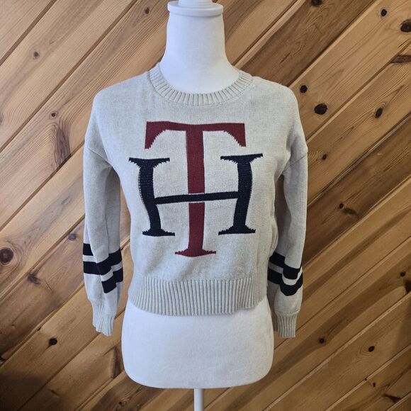 Tommy Hilfiger Womens Crop Crew Neck Sweater College Preppy Logo Cotton Medium - Picture 1 of 5